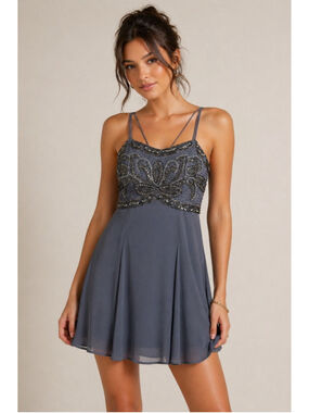 🌙 Kimchi Blue Beaded Chiffon Mini Dress Navy Y2K Party